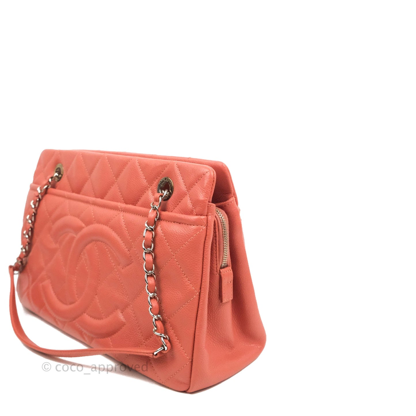 Chanel Quilted Caviar Leather Timeless CC Soft Shopping Tote Bag Coral Pink