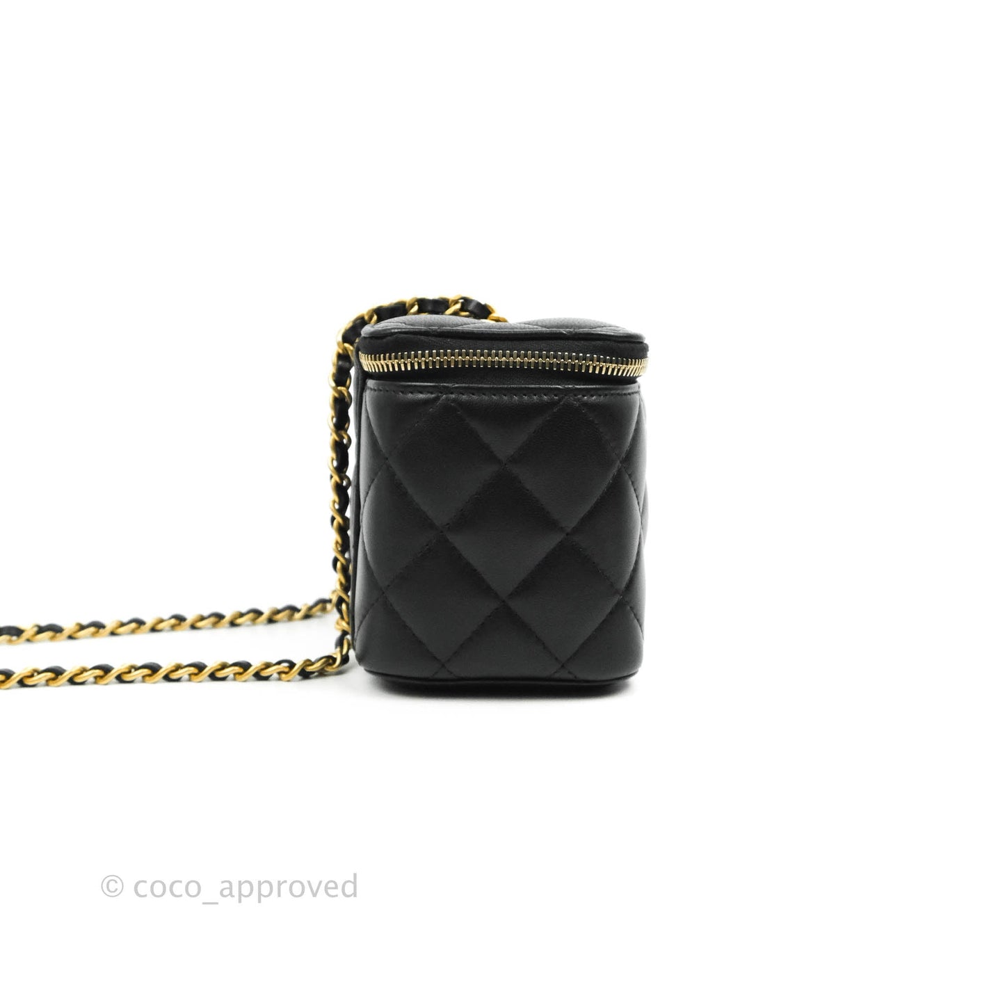 Chanel Vanity with Pearl Crush Chain in Black Lambskin Aged Gold Hardware
