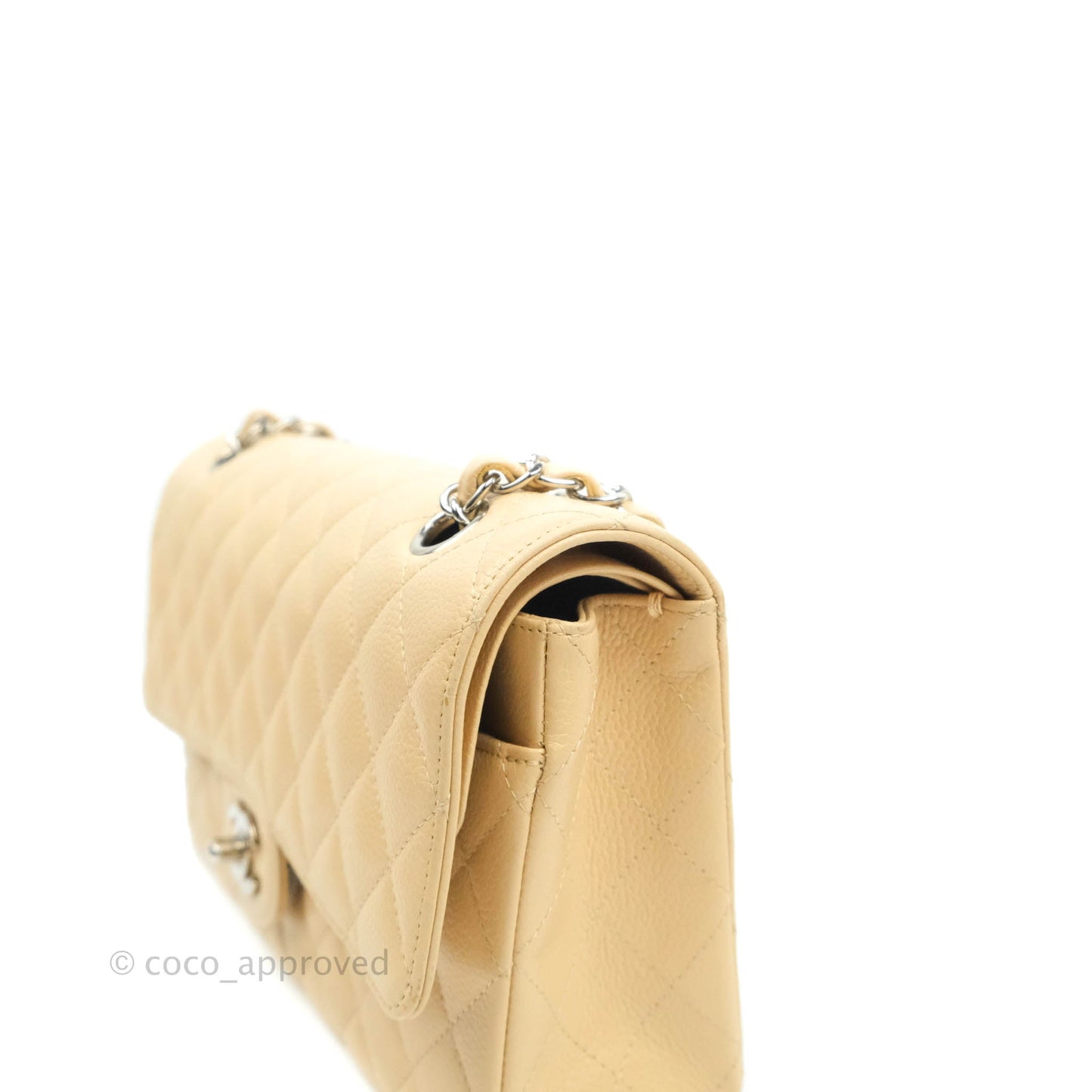 Chanel Classic M/L Medium Flap Quilted Beige Caviar Silver Hardware