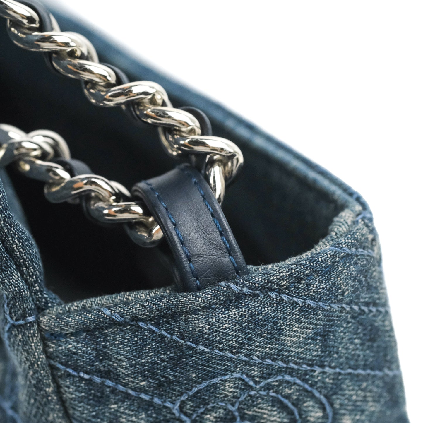 Chanel Camellia Embroidered Flap Bag Blue Washed Denim Silver Hardware
