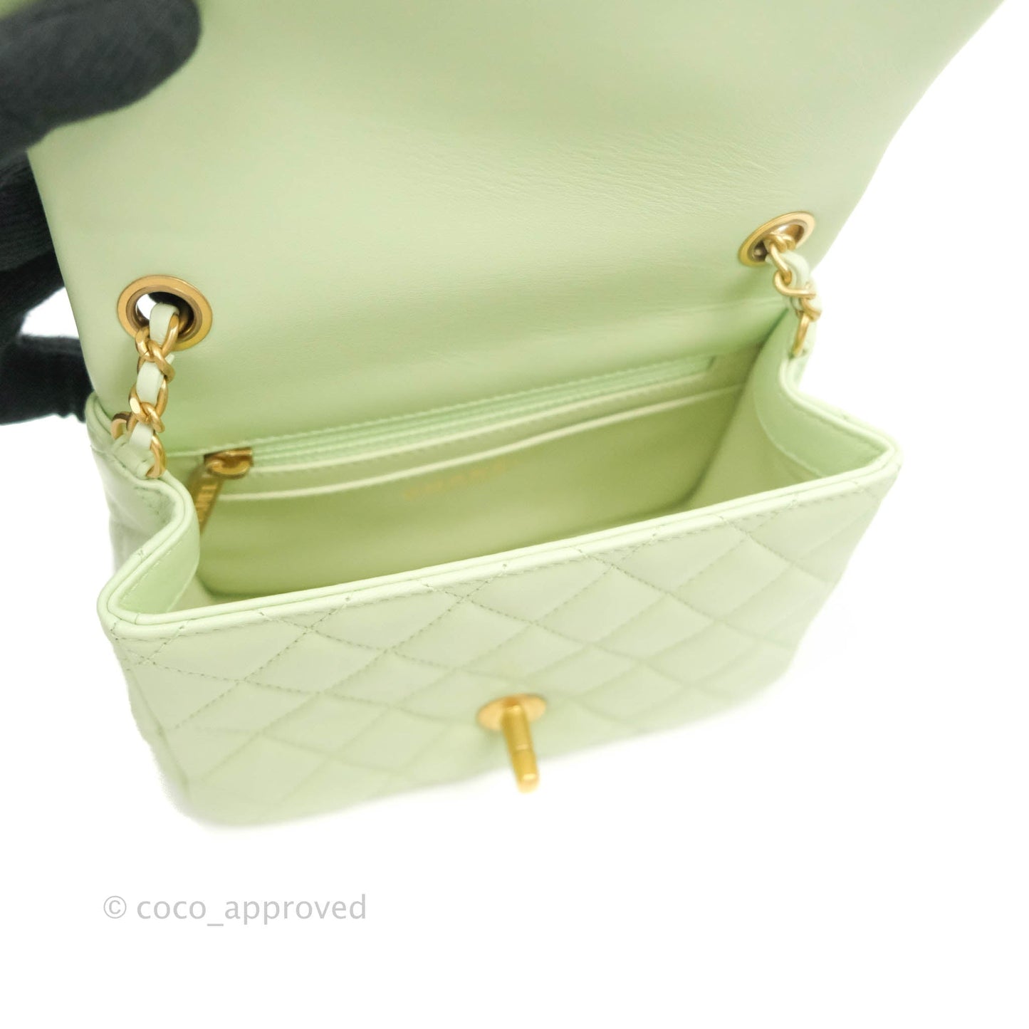Chanel Pearl Crush Mini Square Quilted Avocado Green Lambskin Aged Gold Hardware