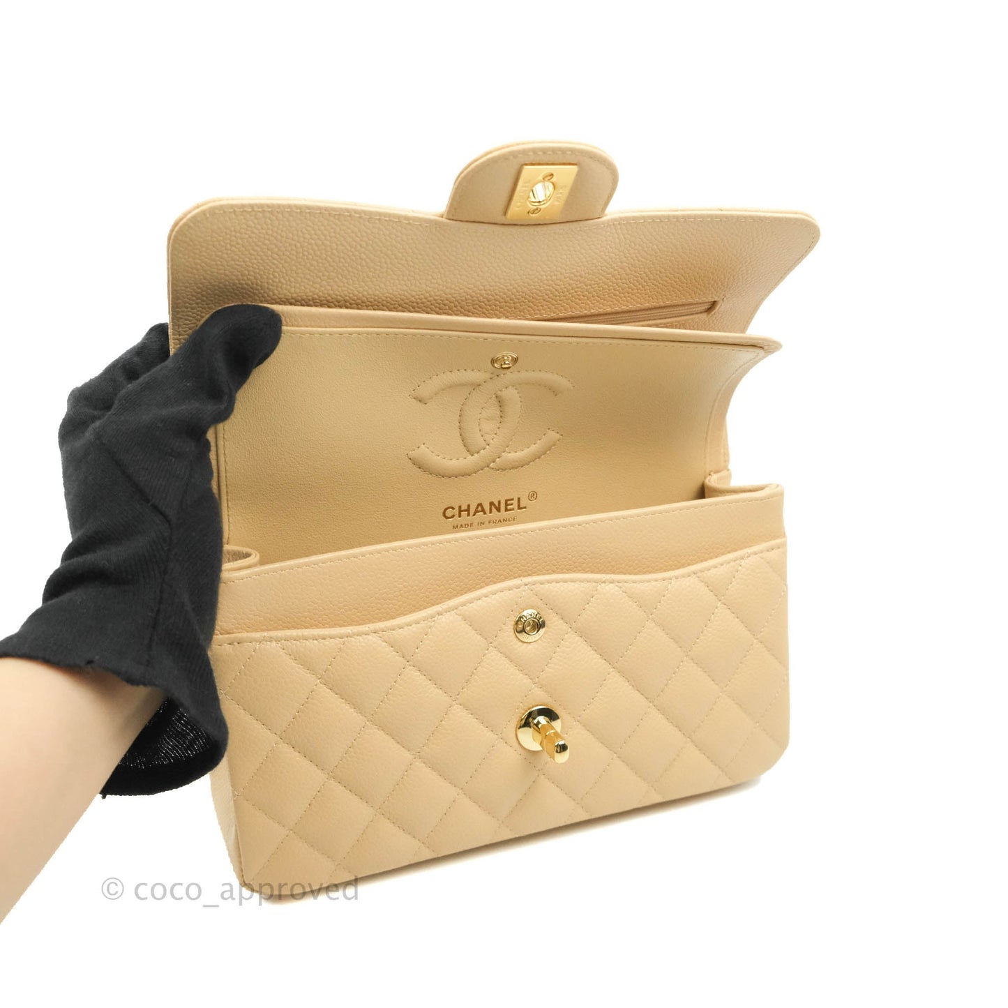 Chanel S/M Small Classic Quilted Flap Beige Caviar Gold Hardware