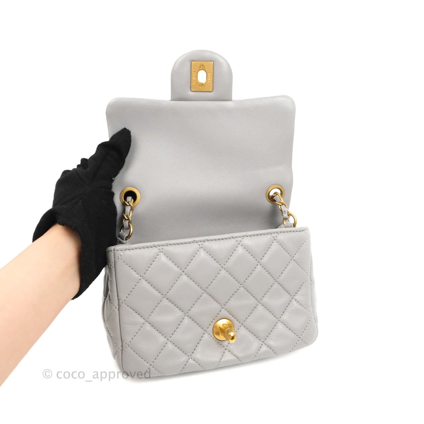 Chanel Mini Square Pearl Crush Quilted Grey Lambskin Aged Gold Hardware