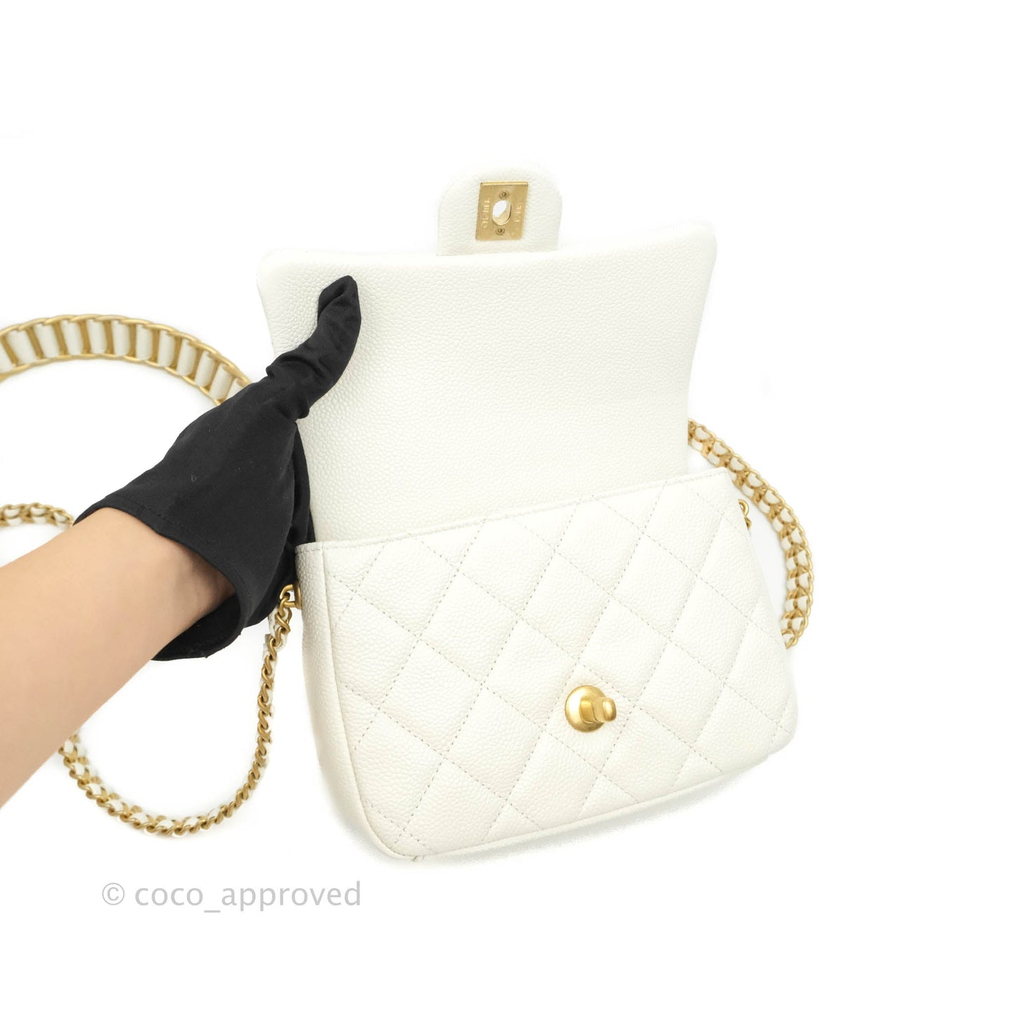 Chanel Mini Flap Bag Coin Charm Soul Chain White Caviar Aged Gold Hardware 21A