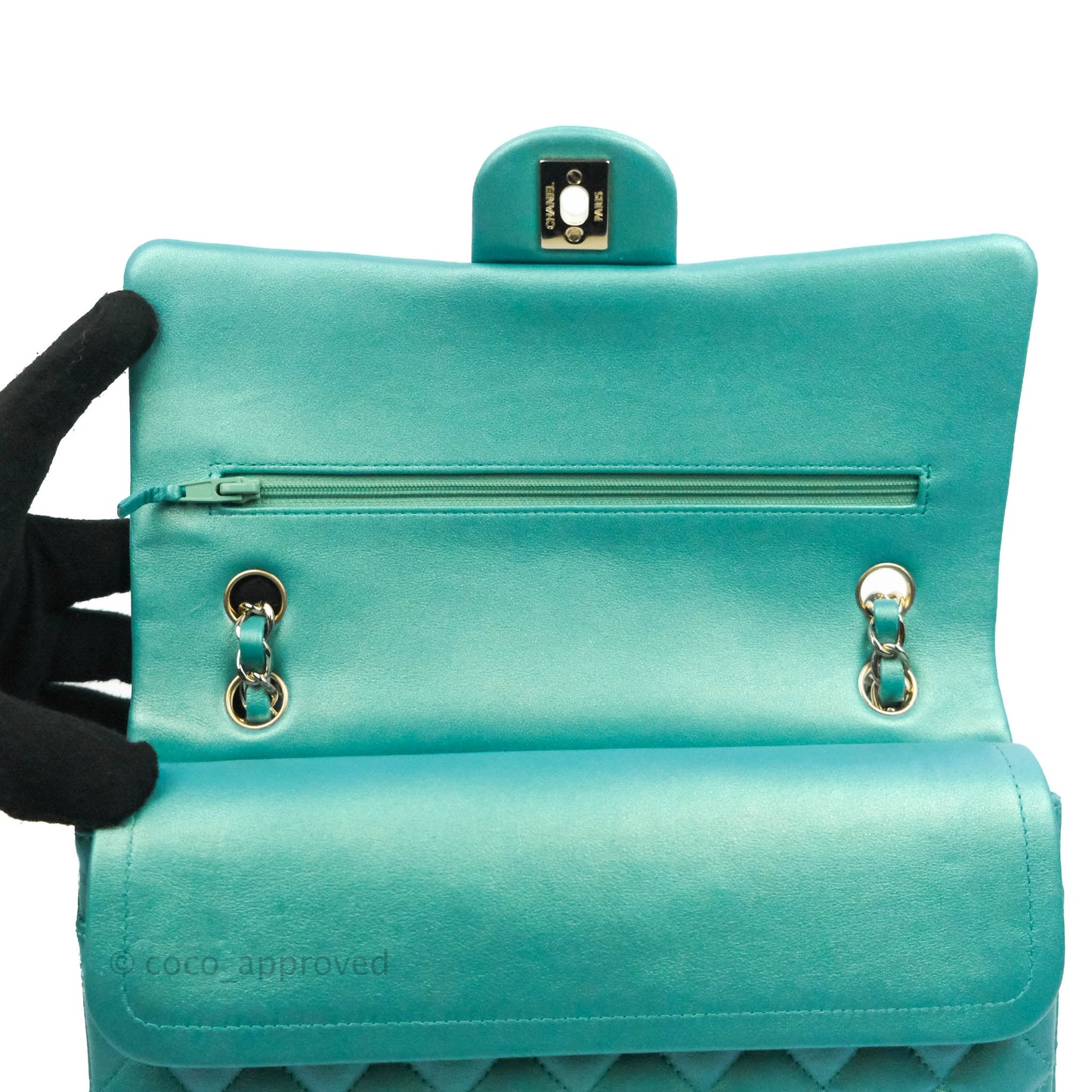 Chanel Classic M/L Medium Double Flap Iridescent Turquoise Calfskin Gold Hardware
