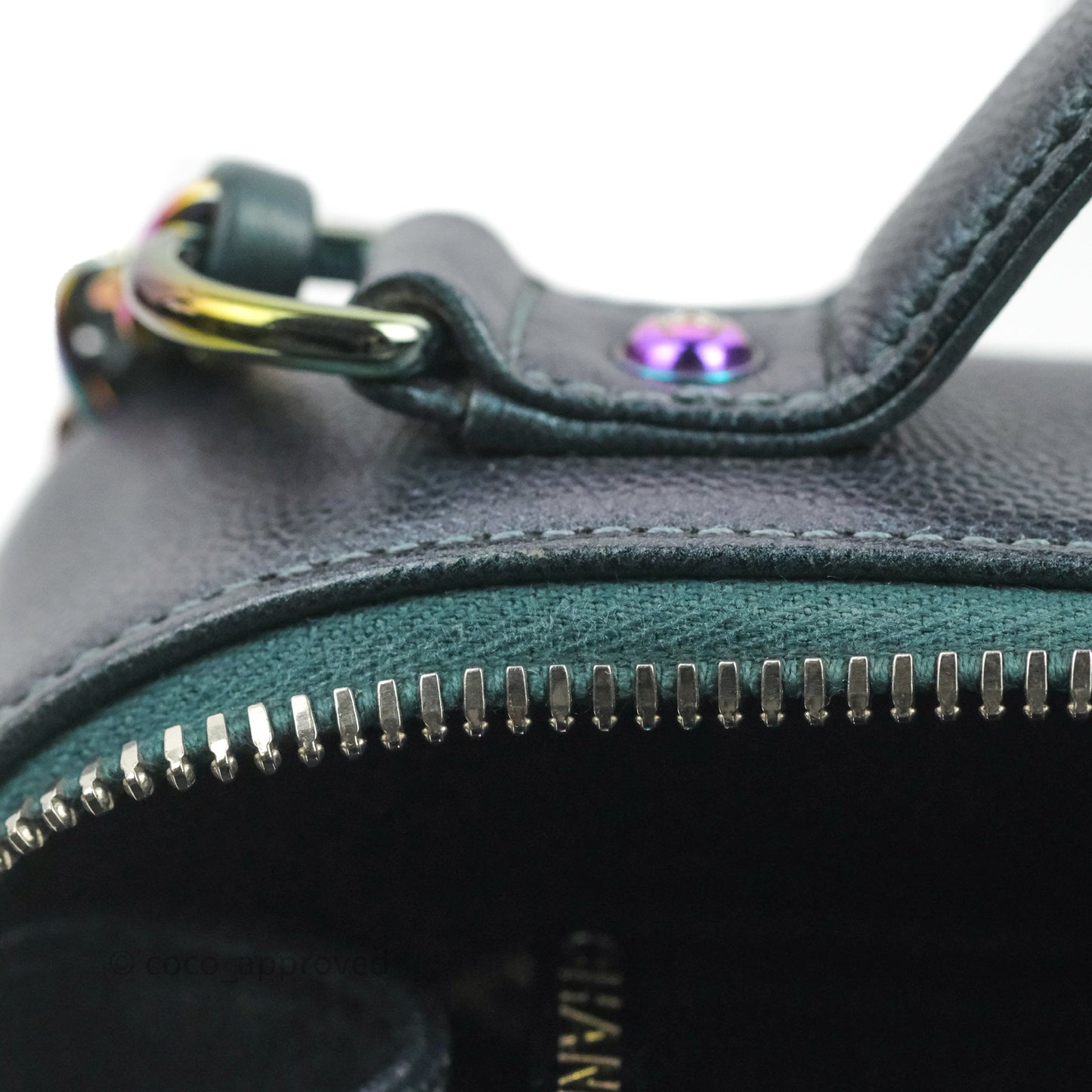 Chanel Quilted Medium CC Filigree Vanity Case Iridescent Dark Turquoise Caviar Rainbow Hardware