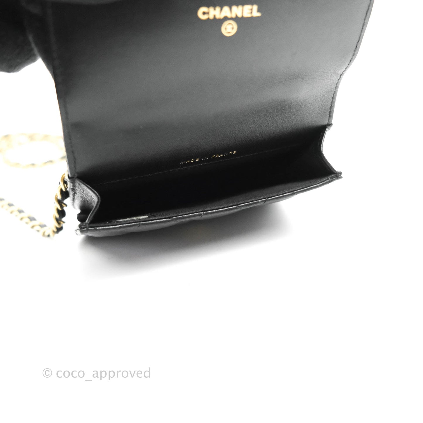 Chanel Mini Handle Flap Coin Purse With Chain Black Lambskin Gold Hardware