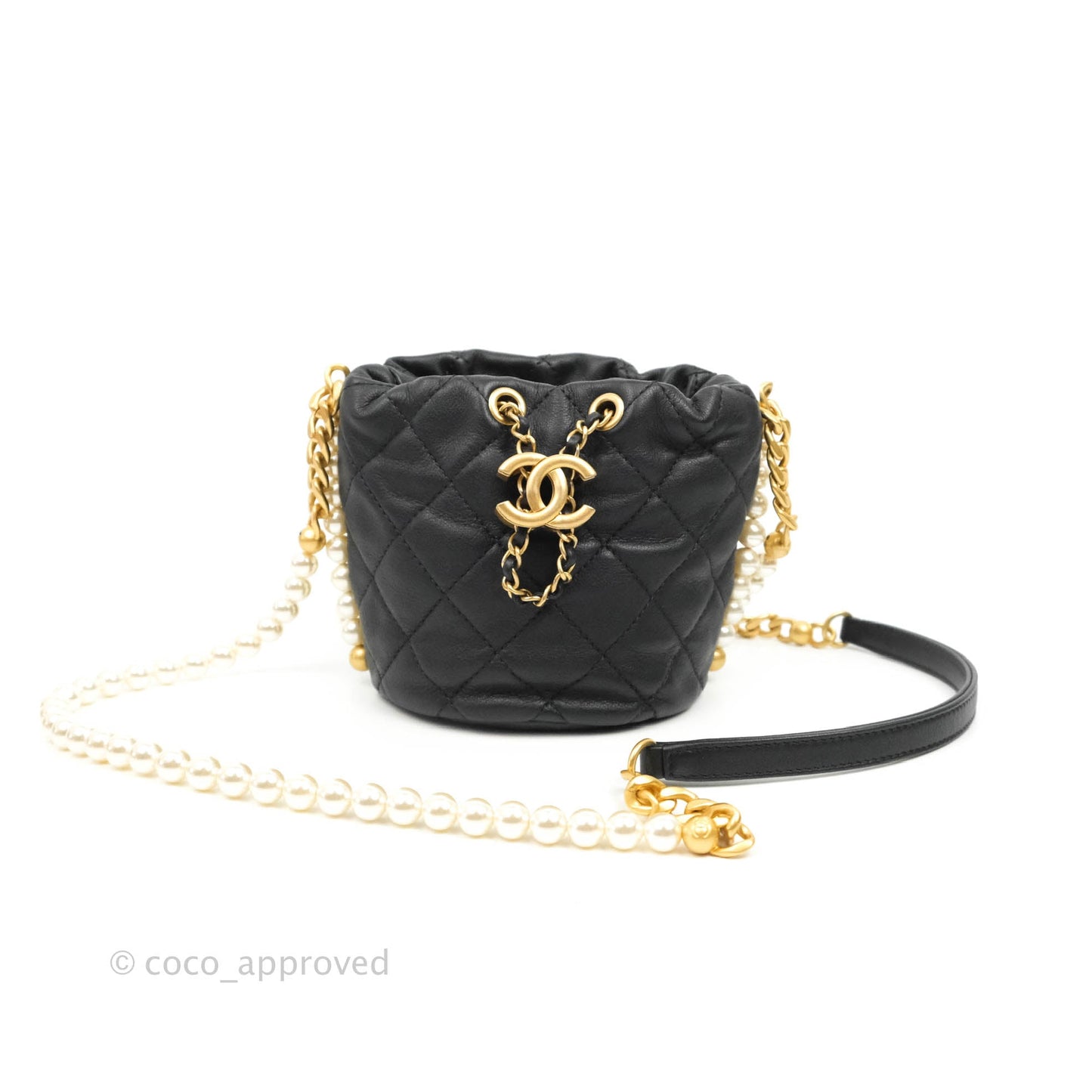 Chanel Quilted Pearl Mini About Pearls Drawstring Bucket Bag Black Calfskin