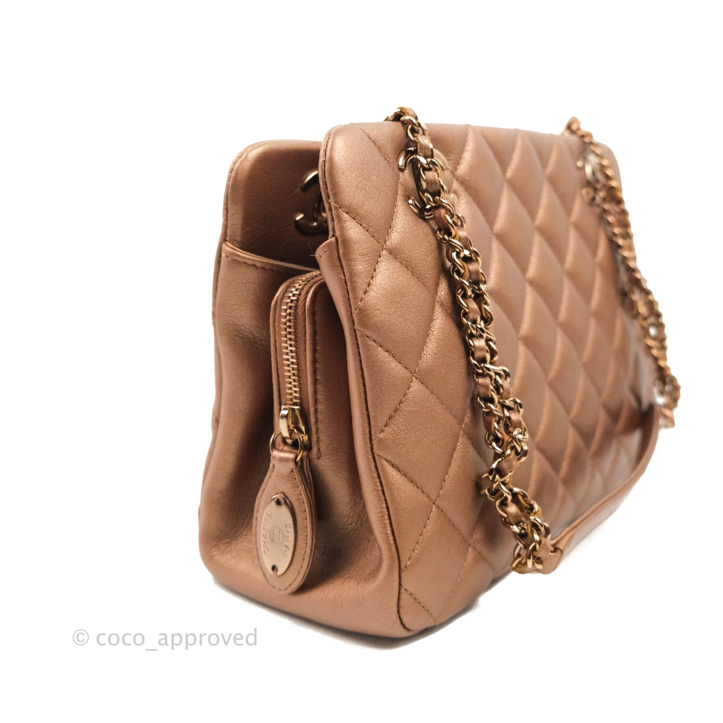 Chanel Iridescent Goatskin Quilted Small CC Eyelet Tote Copper Rose Gold