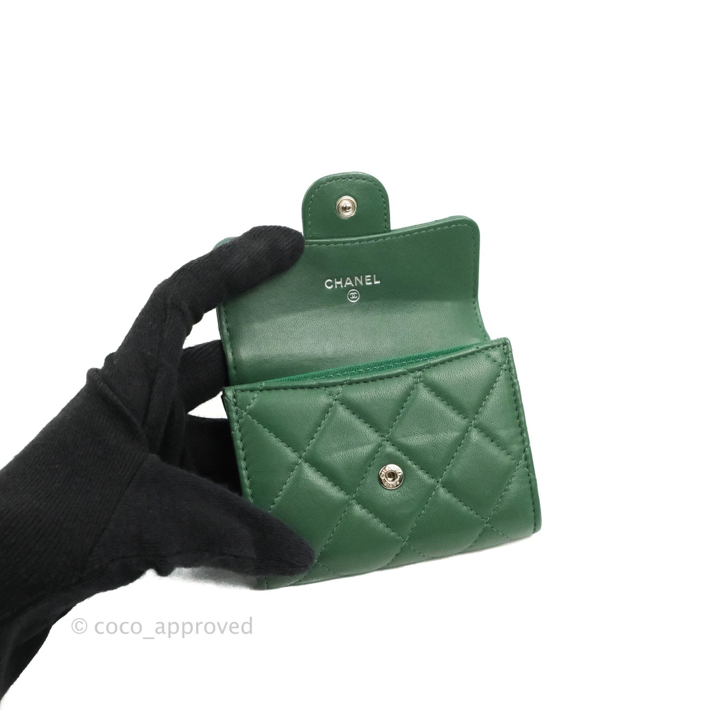Chanel Classic Flap Coin Purse Dark Green Lambskin Silver Hardware