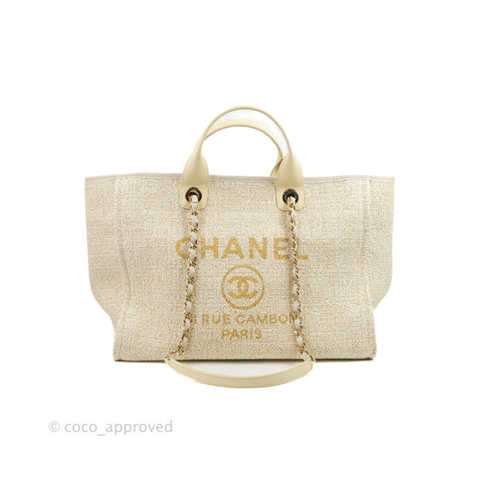Chanel Large Deauville Ivory/Gold Canvas Gold Hardware