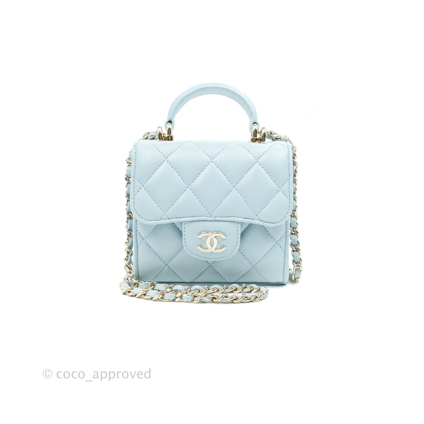 Chanel Mini Handle Clutch With Chain Blue Lambskin Gold Hardware 22P