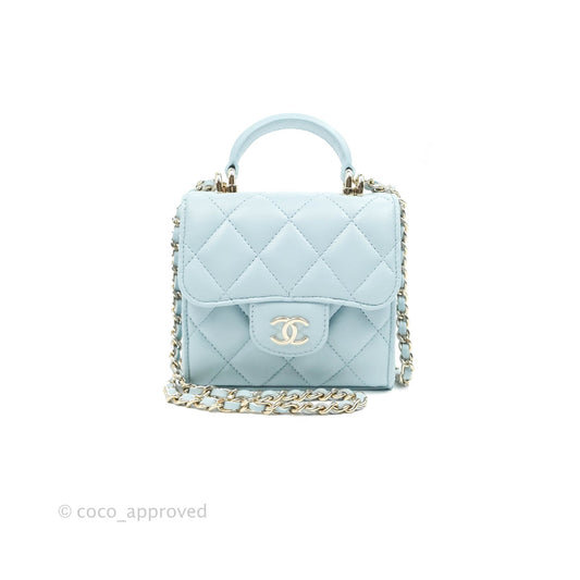 Chanel Mini Handle Clutch With Chain Blue Lambskin Gold Hardware 22P