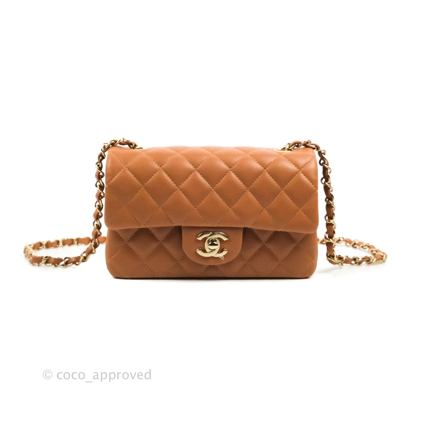 Chanel Quilted Mini Rectangular Flap Caramel Lambskin Gold Hardware 21P