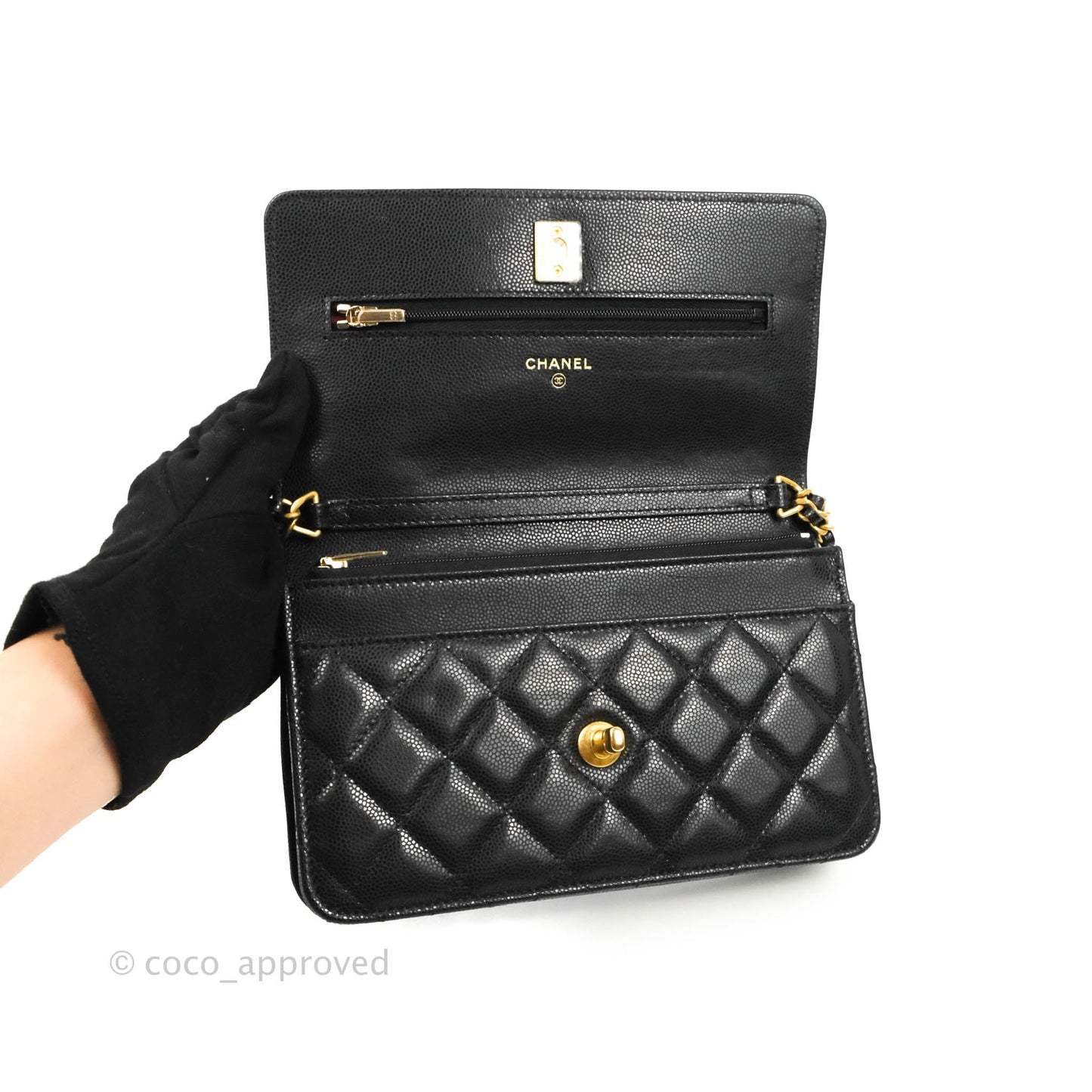 Chanel Quilted Gold CC Coin Wallet on Chain WOC Black Caviar Gold Hardware