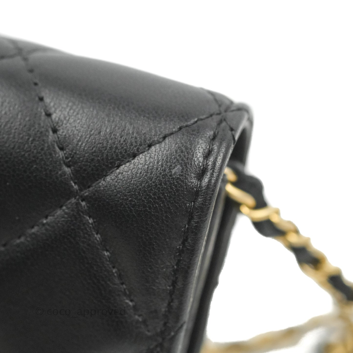 Chanel Pearl Crush Mini Clutch With Chain Black Lambskin Aged Gold Hardware