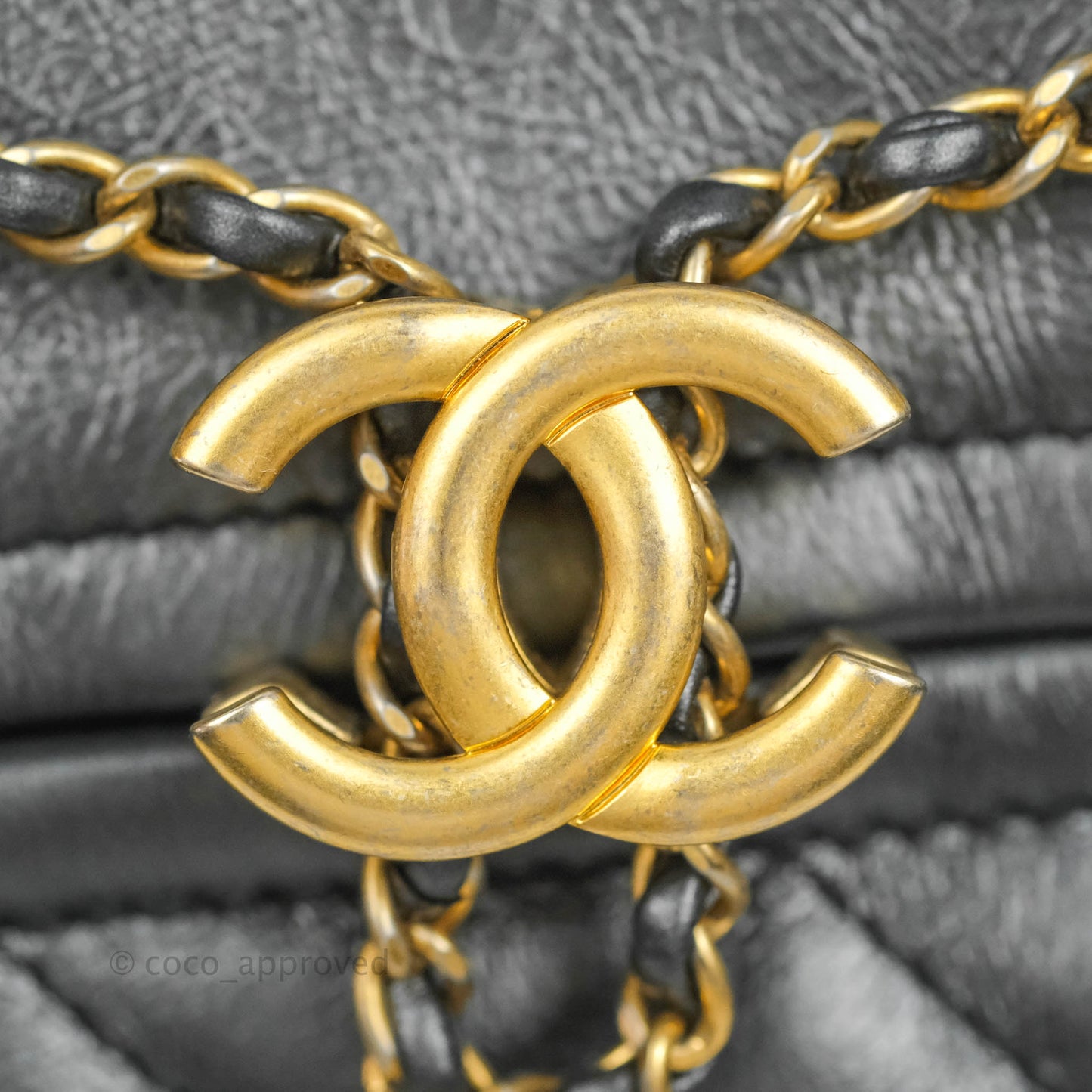 Chanel Quilted Drawstring Shopping Tote Bag Metallic Dark Grey Aged Calfskin Aged Gold Hardware
