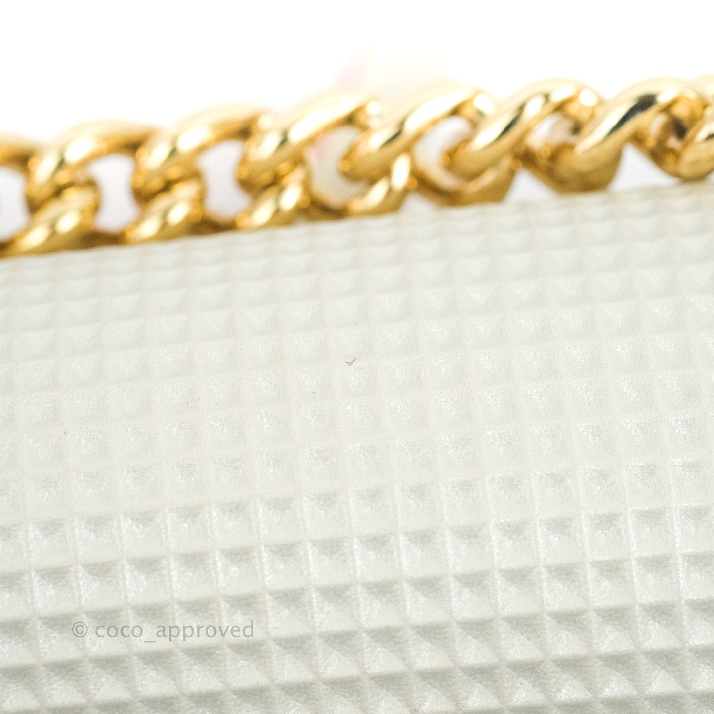 Chanel Cube Embossed Medium Boy Bag Iridescent Pearl White Lambskin Gold Hardware