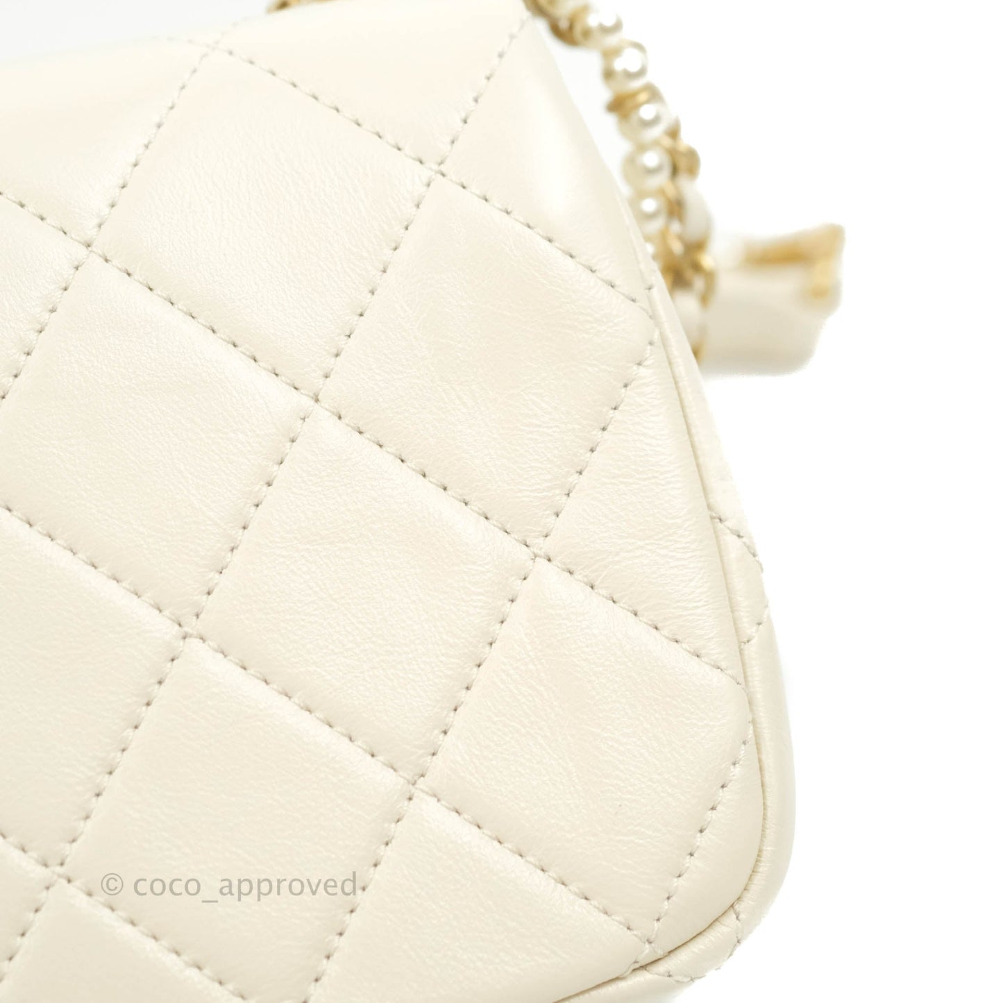 Chanel Mini Rectangular Crystal Pearls Chain Flap White Calfskin Aged Gold Hardware