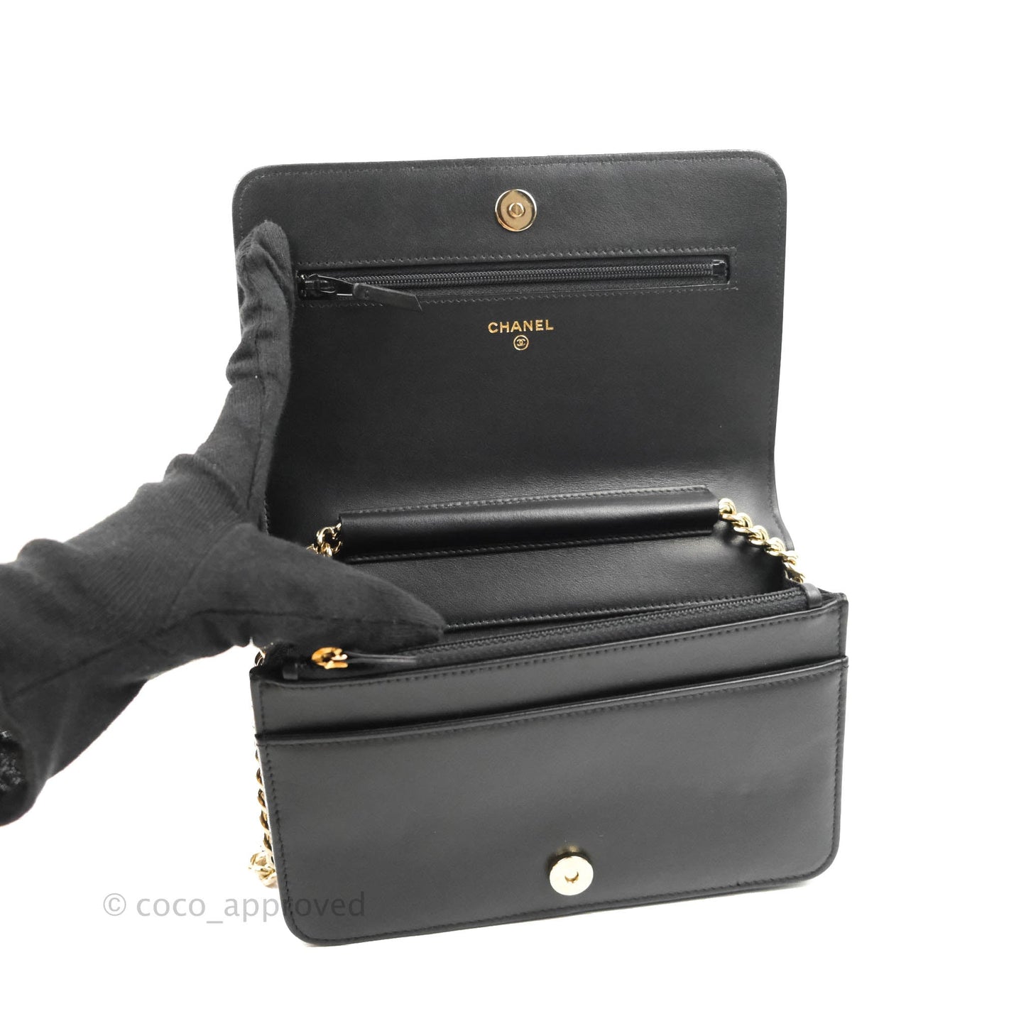 Chanel Chevron Boy Wallet On Chain Black Caviar Gold Hardware