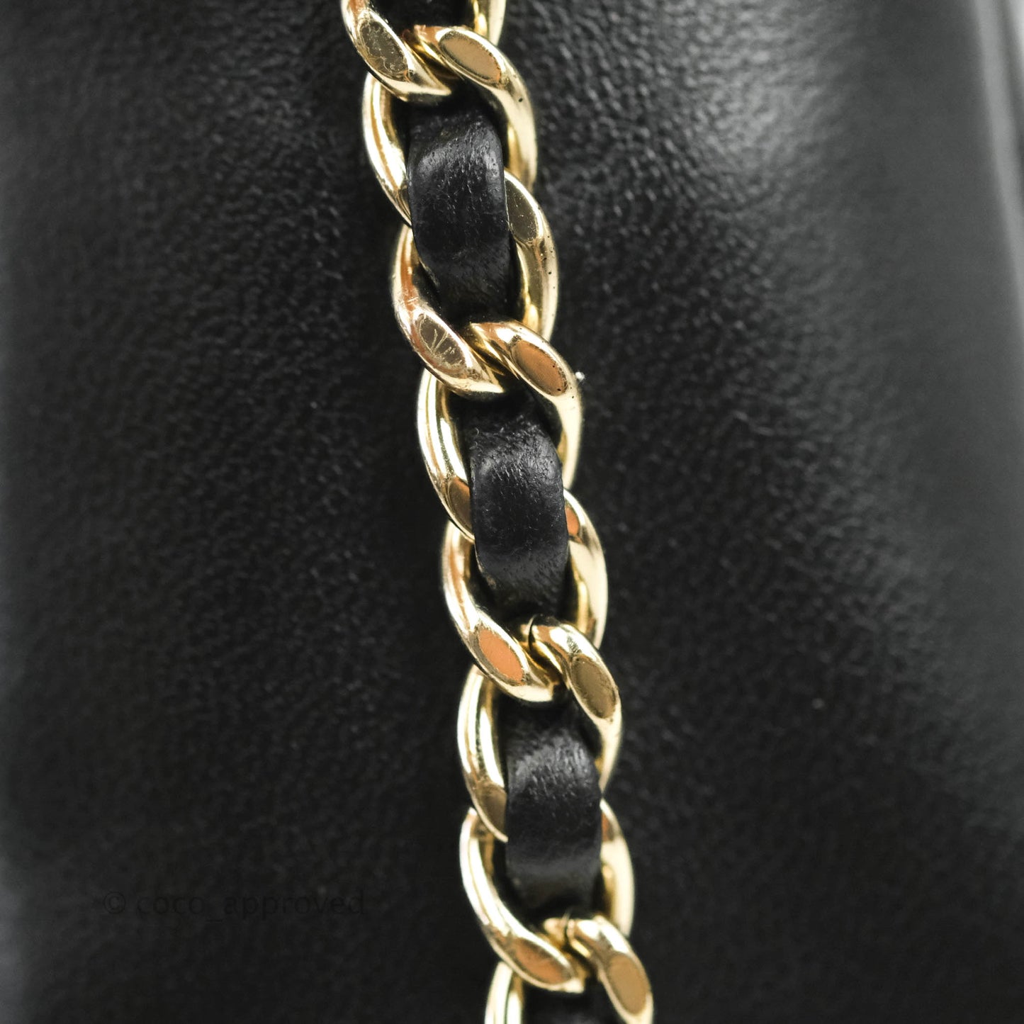 Chanel Logo Pearl Chain Flap Bag Black Lambskin Gold Hardware