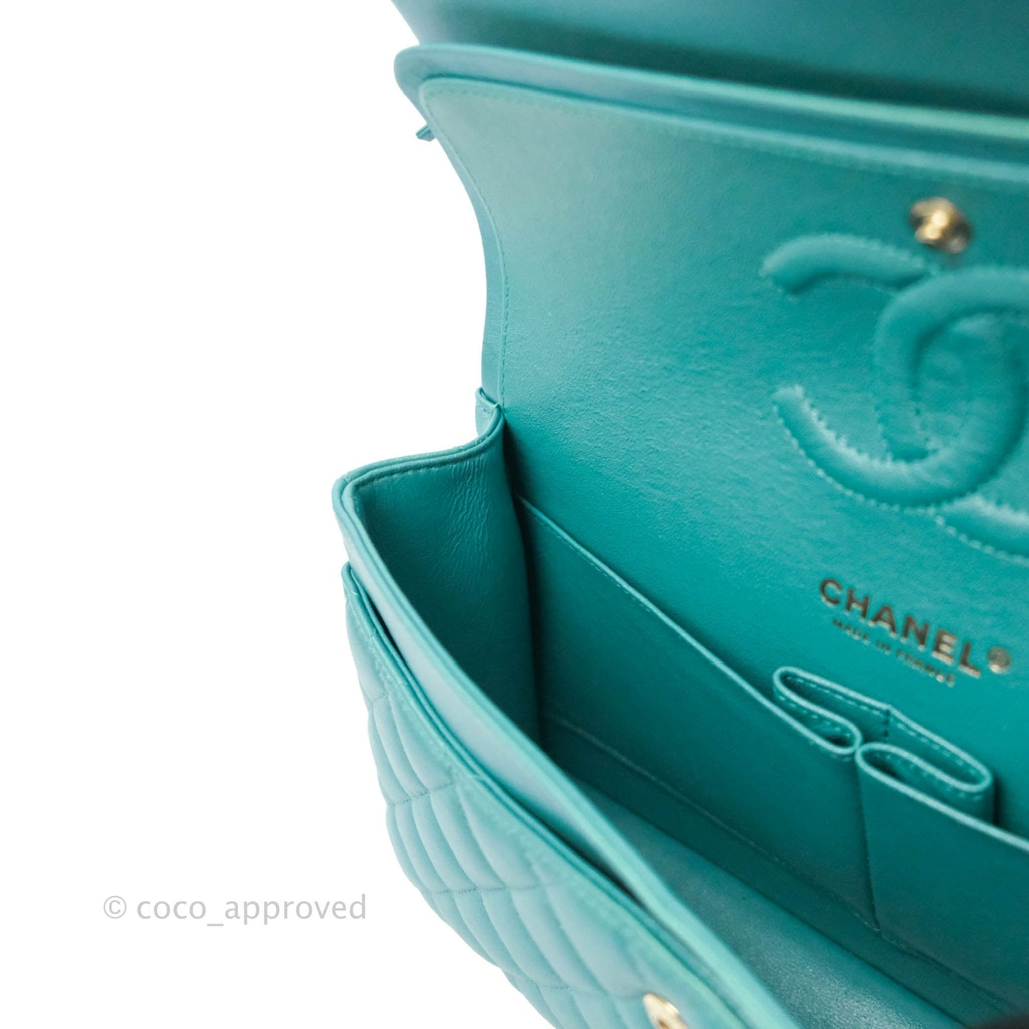 Chanel Classic M/L Medium Double Flap Iridescent Turquoise Calfskin Gold Hardware