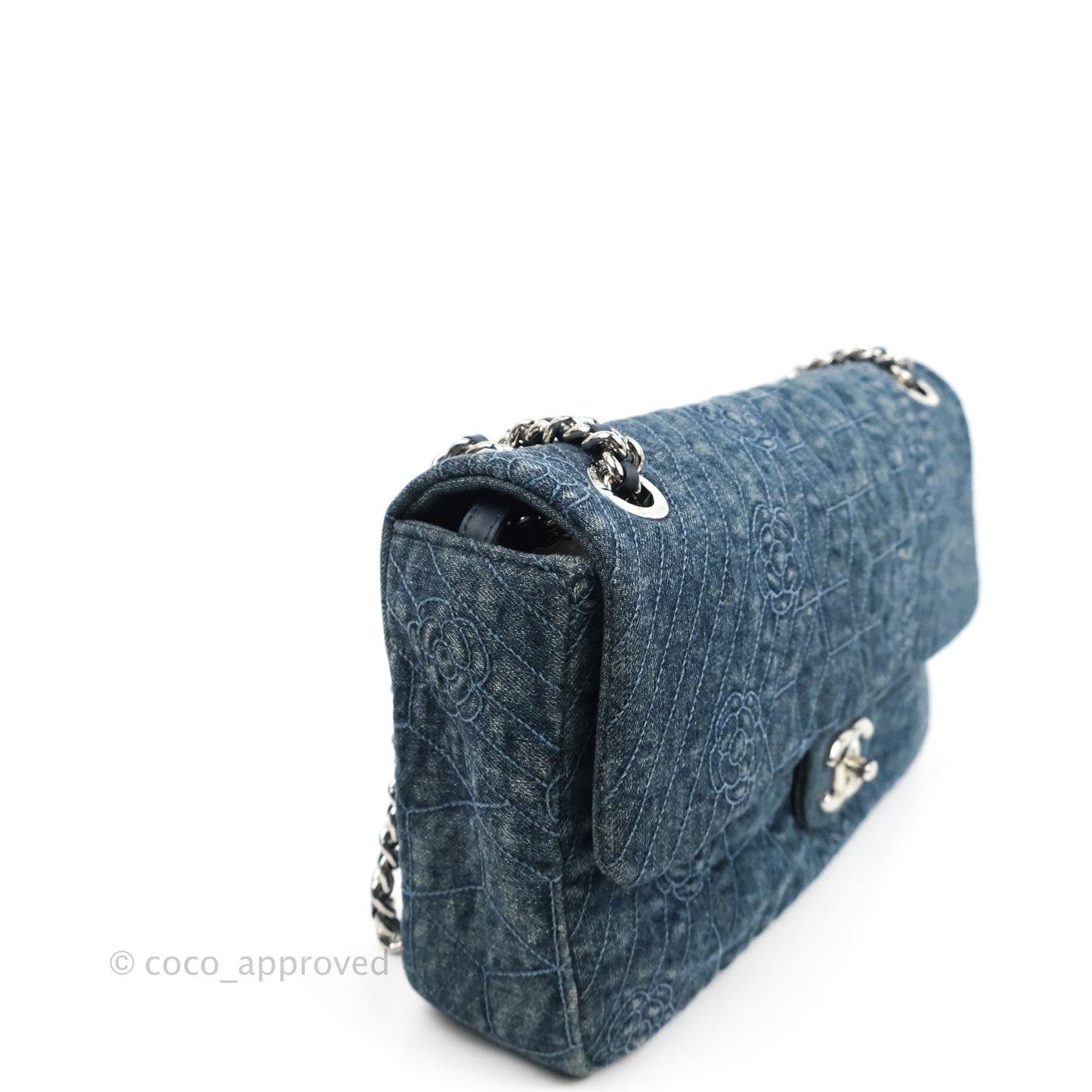 Chanel Camellia Embroidered Flap Bag Blue Washed Denim Silver Hardware
