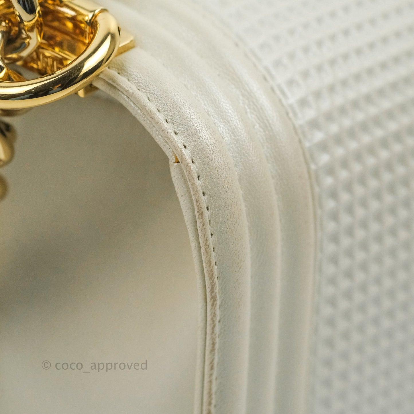 Chanel Cube Embossed Medium Boy Bag Iridescent Pearl White Lambskin Gold Hardware