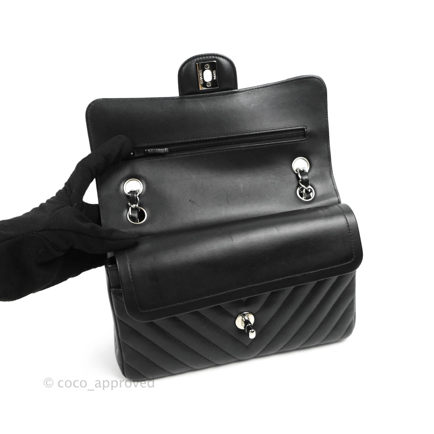 Chanel Classic Chevron S/M Small Double Flap Black Lambskin Silver Hardware