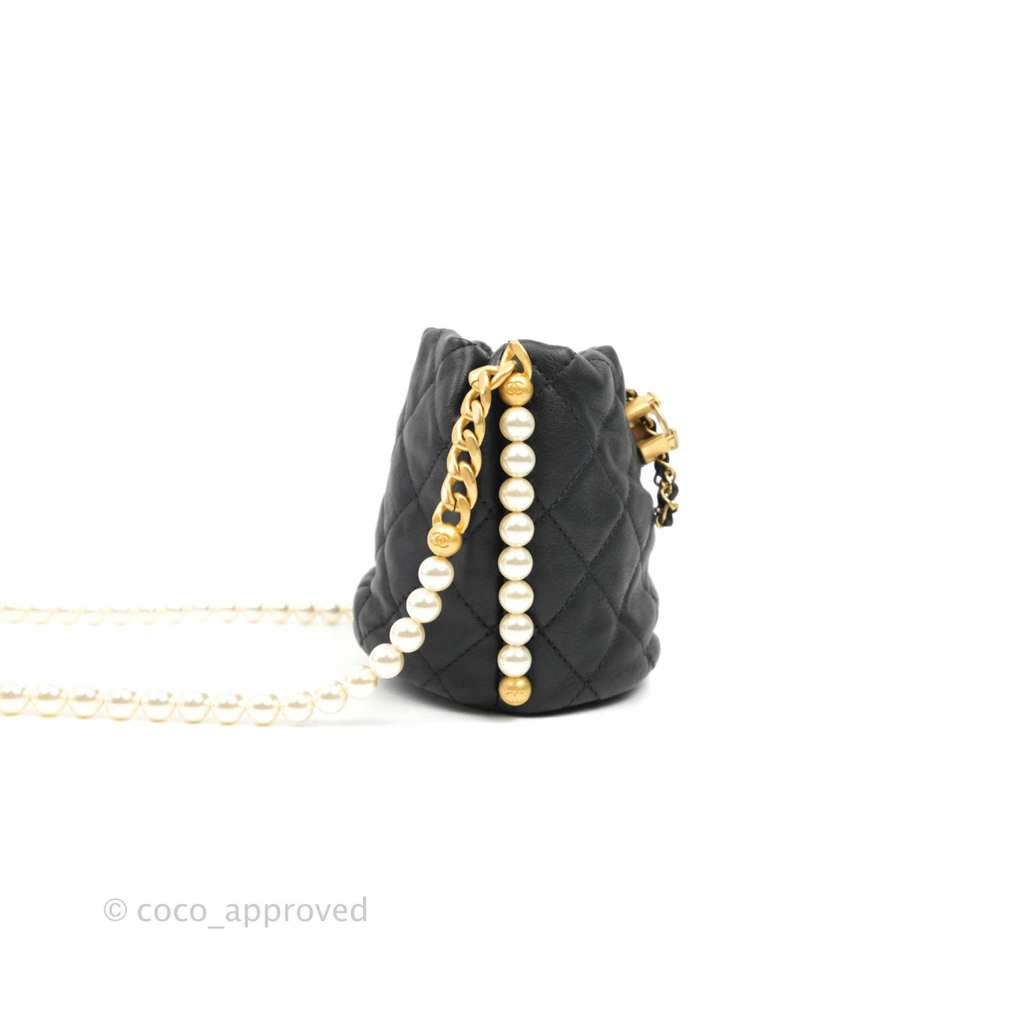 Chanel Quilted Pearl Mini About Pearls Drawstring Bucket Bag Black Calfskin
