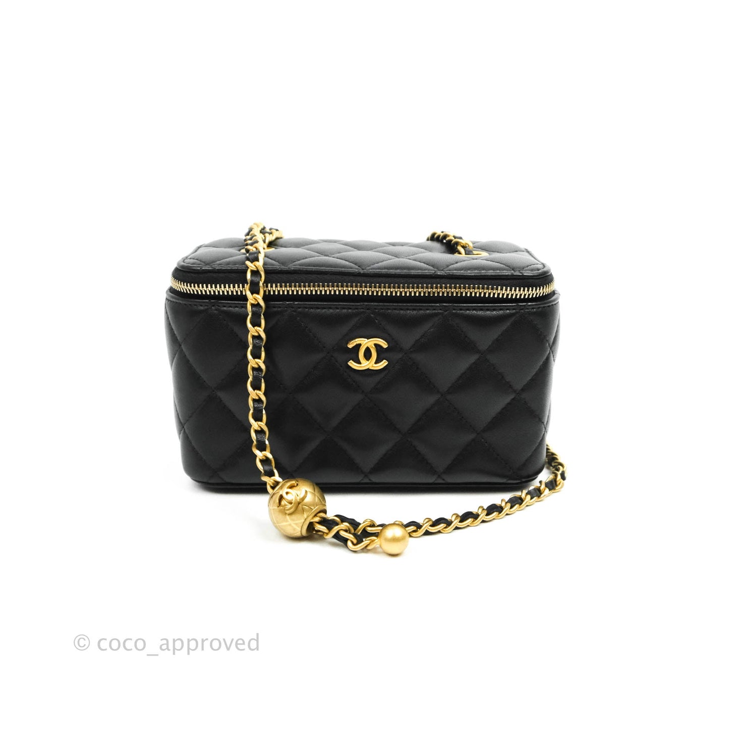 Chanel Vanity with Pearl Crush Chain in Black Lambskin Aged Gold Hardware