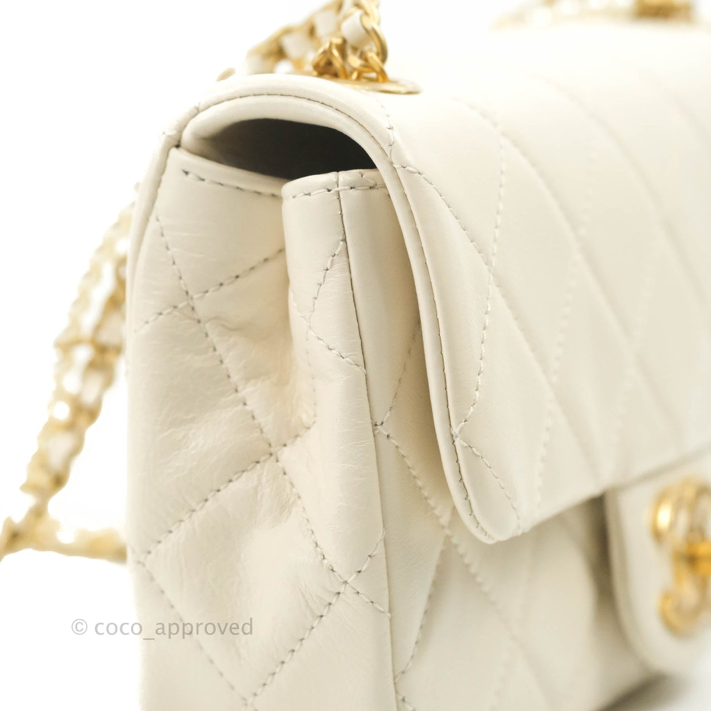 Chanel Mini Rectangular Crystal Pearls Chain Flap White Calfskin Aged Gold Hardware
