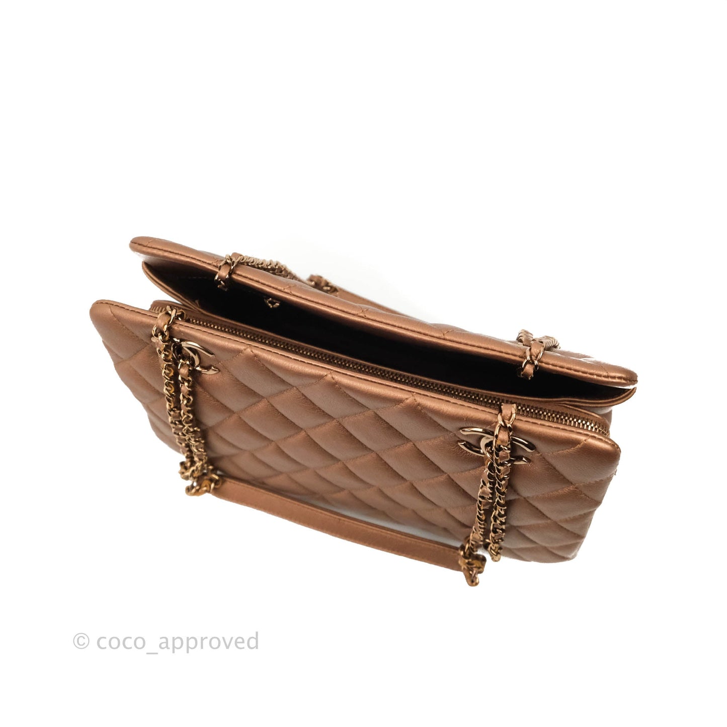 Chanel Iridescent Goatskin Quilted Small CC Eyelet Tote Copper Rose Gold