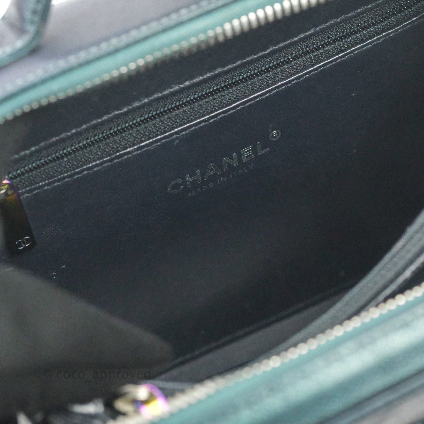 Chanel Quilted Medium CC Filigree Vanity Case Iridescent Dark Turquoise Caviar Rainbow Hardware