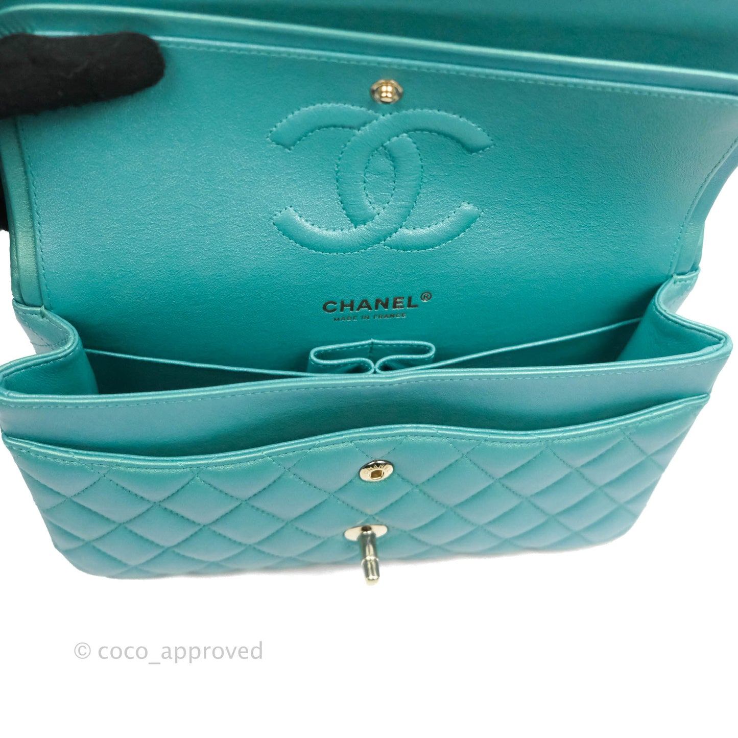 Chanel Classic M/L Medium Double Flap Iridescent Turquoise Calfskin Gold Hardware