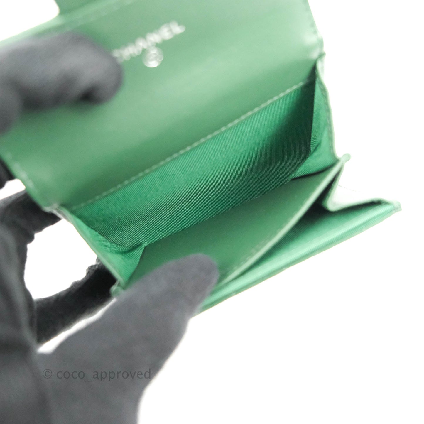 Chanel Classic Flap Coin Purse Dark Green Lambskin Silver Hardware