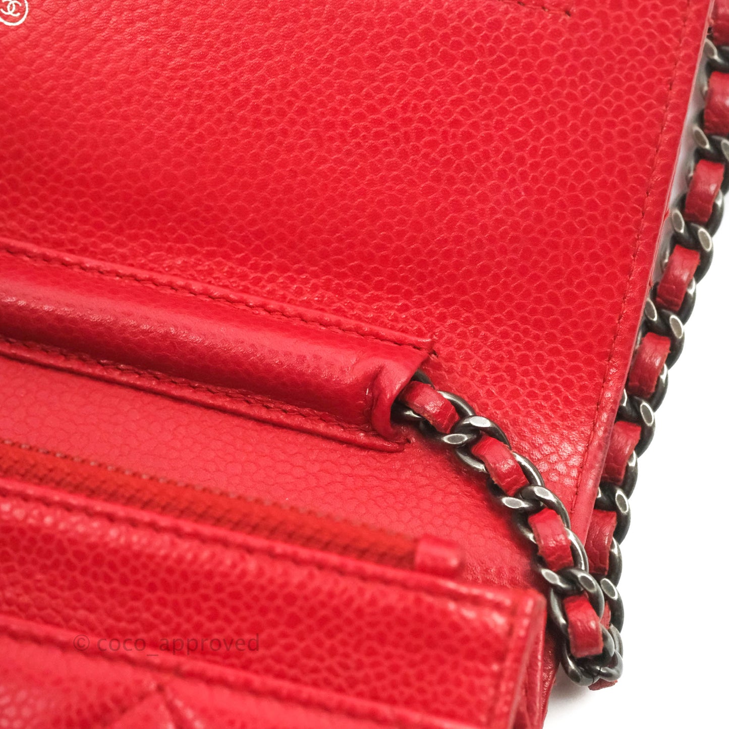 Chanel Quilted Classic Wallet on Chain WOC Red Caviar Ruthenium Hardware