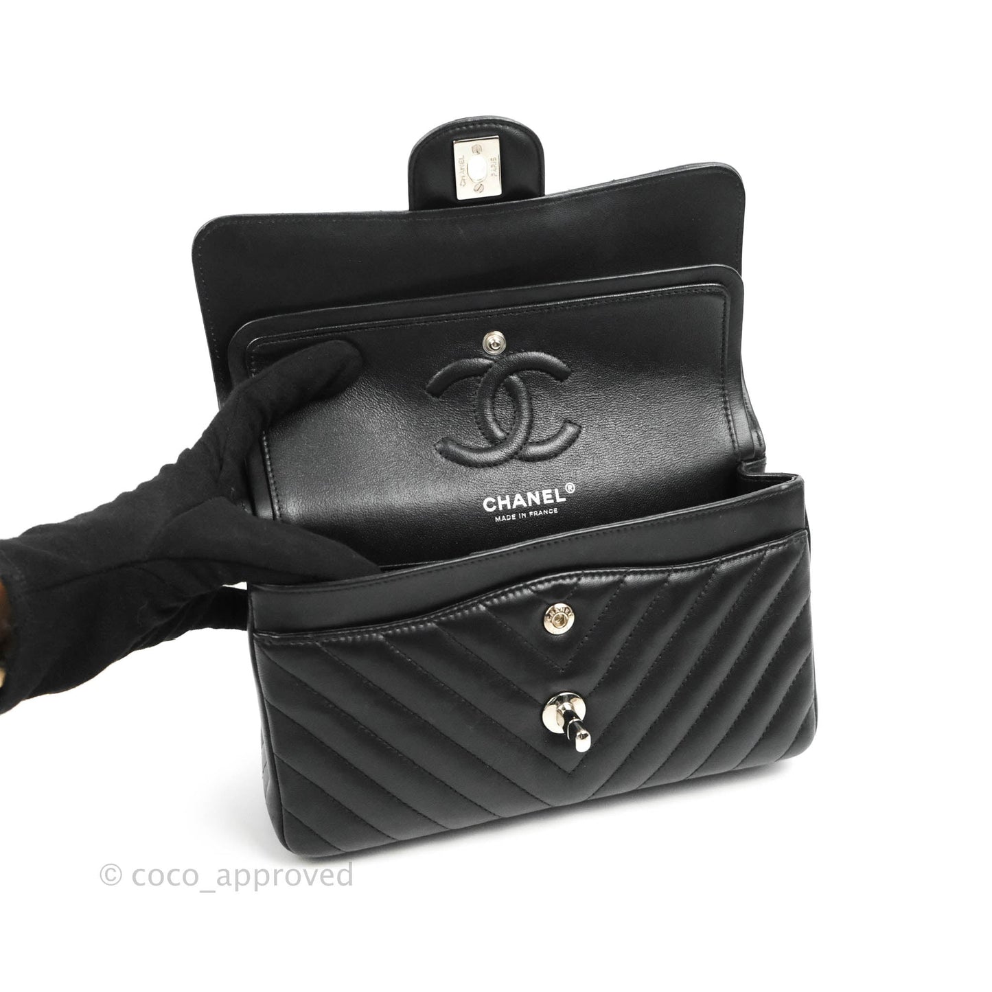 Chanel Classic Chevron S/M Small Double Flap Black Lambskin Silver Hardware