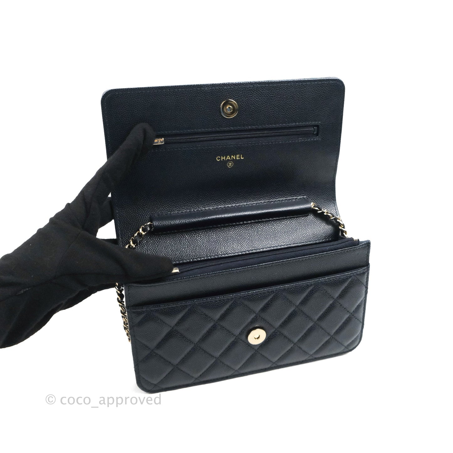 Chanel Quilted Classic Wallet on Chain WOC Navy Caviar Gold Hardware