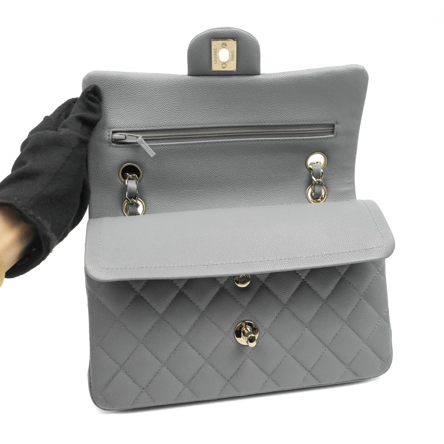 Chanel Classic Small S/M Quilted Flap Grey Caviar Gold Hardware 20C