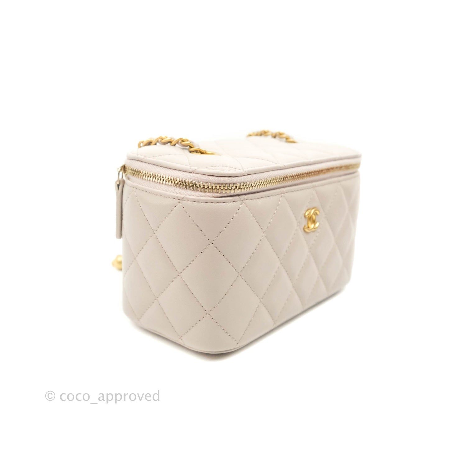 Chanel Vanity with Pearl Crush Chain Pale Lilac Pink Lambskin Aged Gold Hardware
