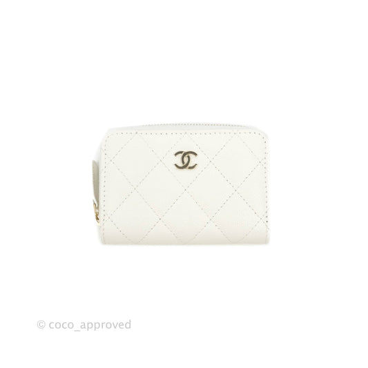 Chanel Classic Zipped Coin Purse White Caviar Gold Hardware