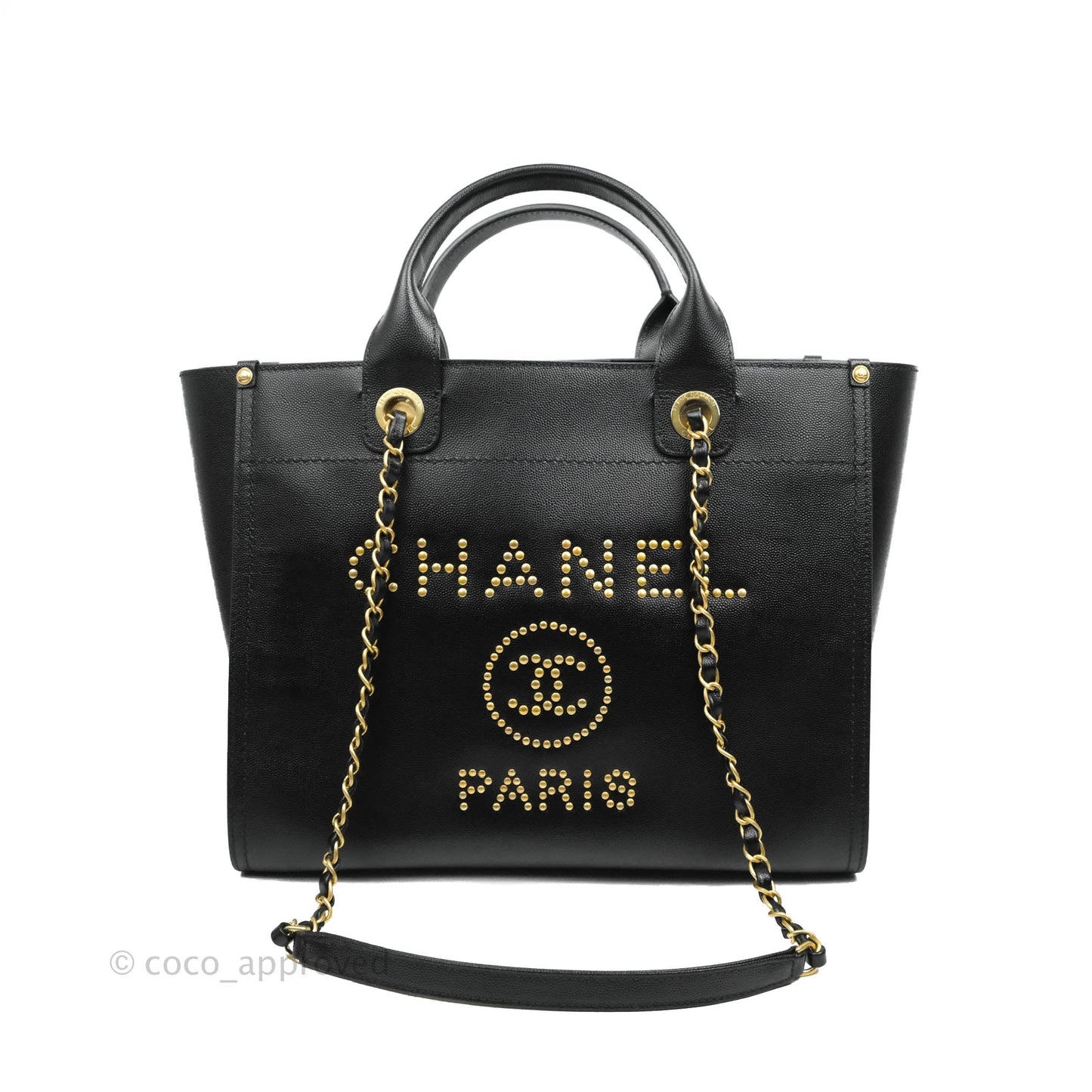 Chanel Small Studded Deauville Tote Black Caviar Gold Hardware