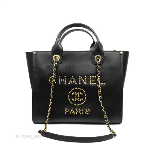 Chanel Small Studded Deauville Tote Black Caviar Gold Hardware
