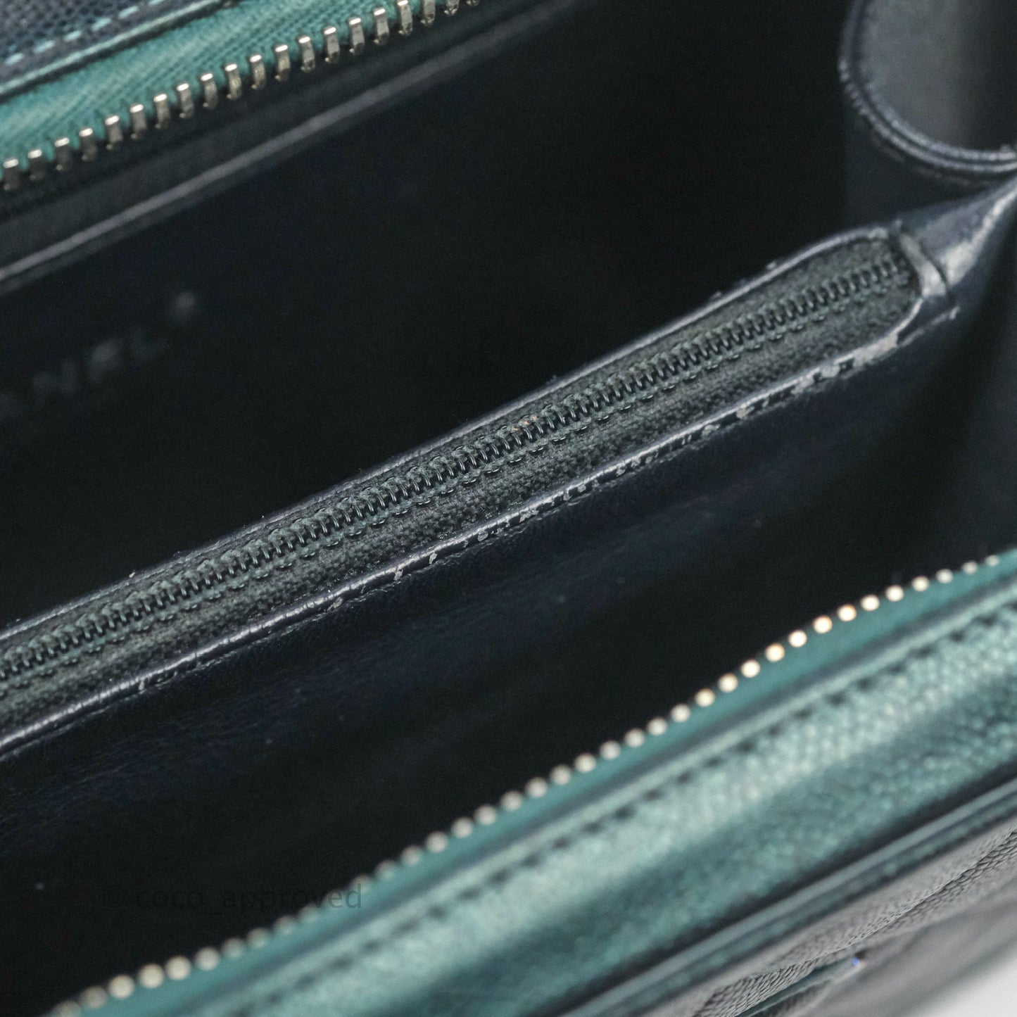 Chanel Quilted Medium CC Filigree Vanity Case Iridescent Dark Turquoise Caviar Rainbow Hardware