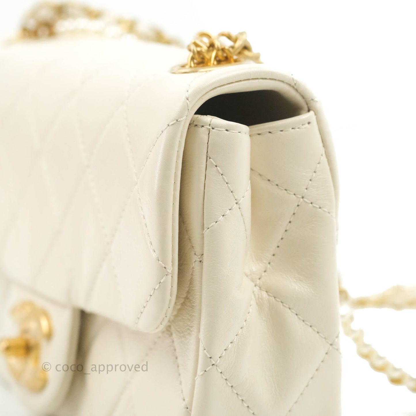 Chanel Mini Rectangular Crystal Pearls Chain Flap White Calfskin Aged Gold Hardware