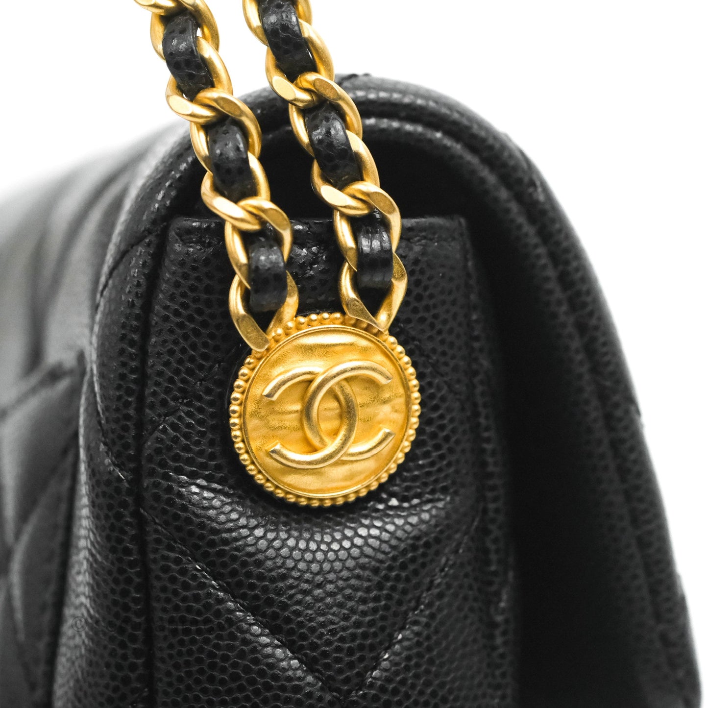Chanel Mini Flap with Coin Charm Black Caviar Aged Gold Hardware 22A