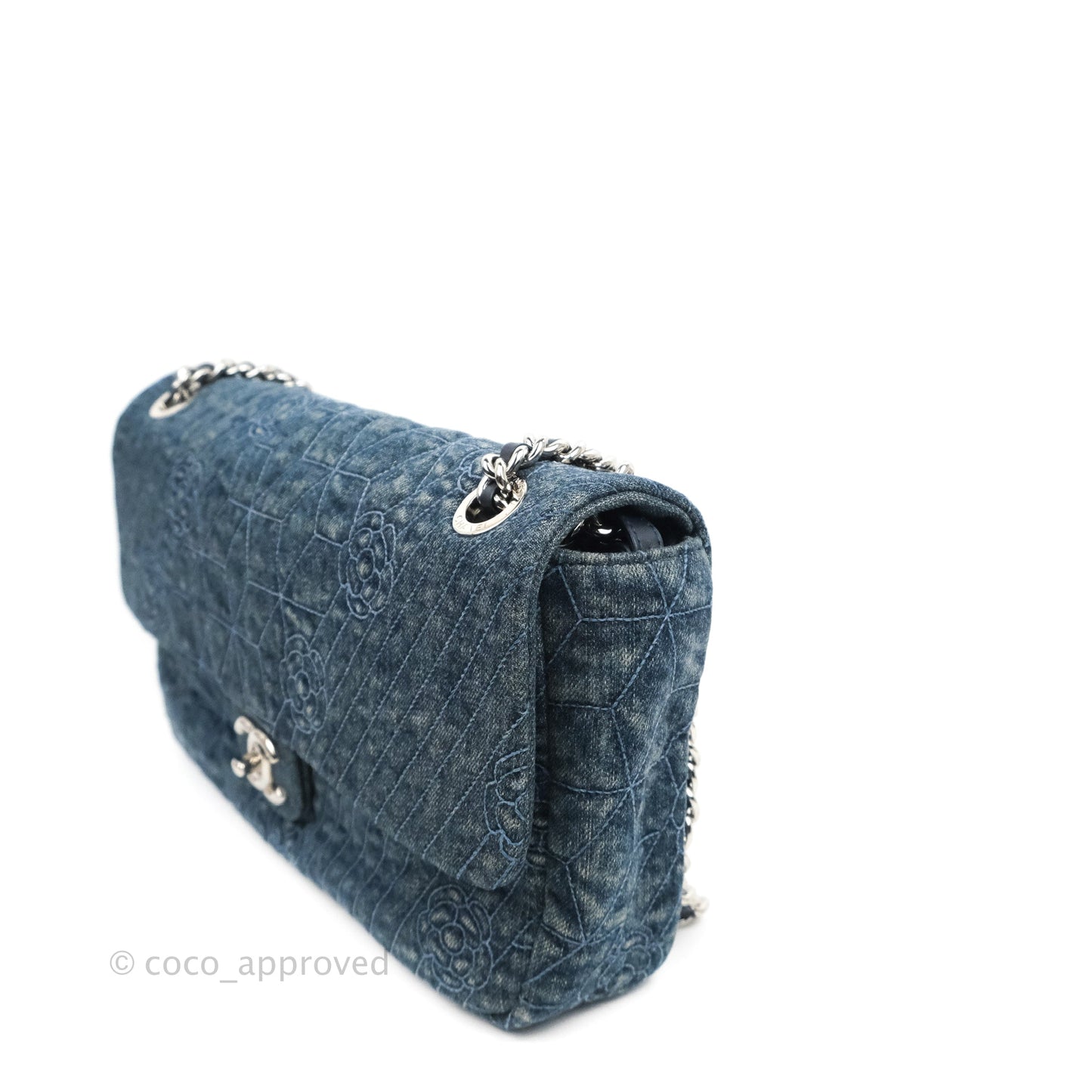 Chanel Camellia Embroidered Flap Bag Blue Washed Denim Silver Hardware