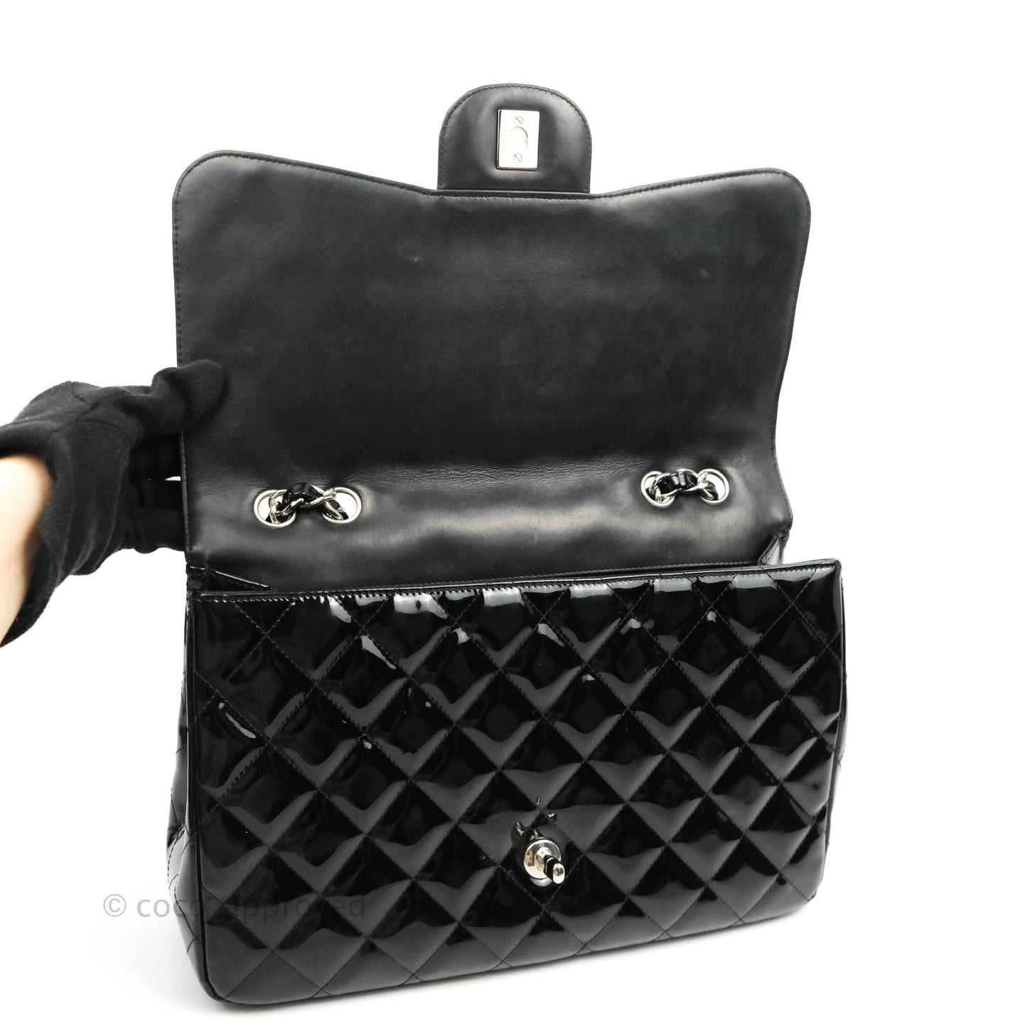 Chanel Jumbo Single Flap Black Patent Silver Hardware⁣⁣