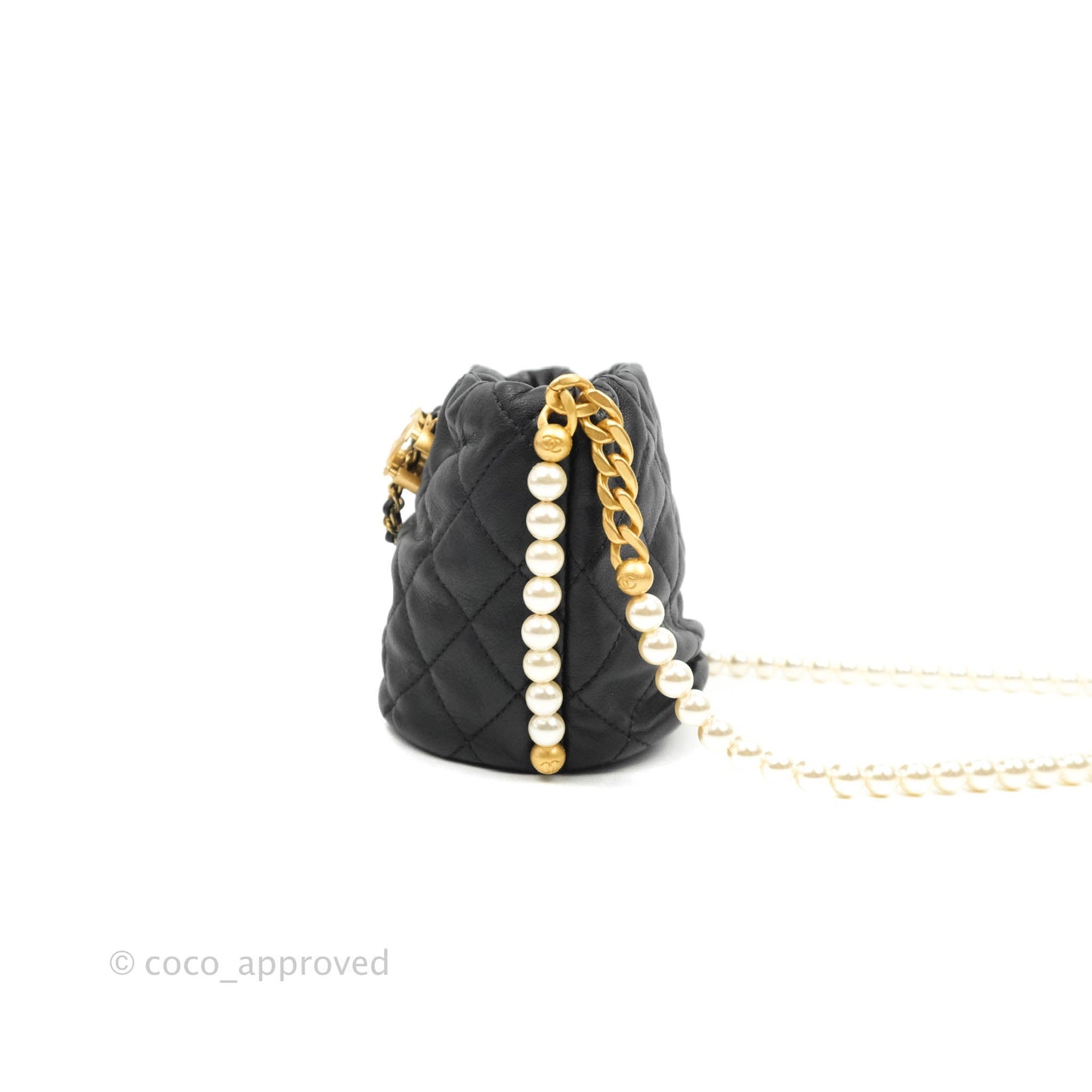 Chanel Quilted Pearl Mini About Pearls Drawstring Bucket Bag Black Calfskin